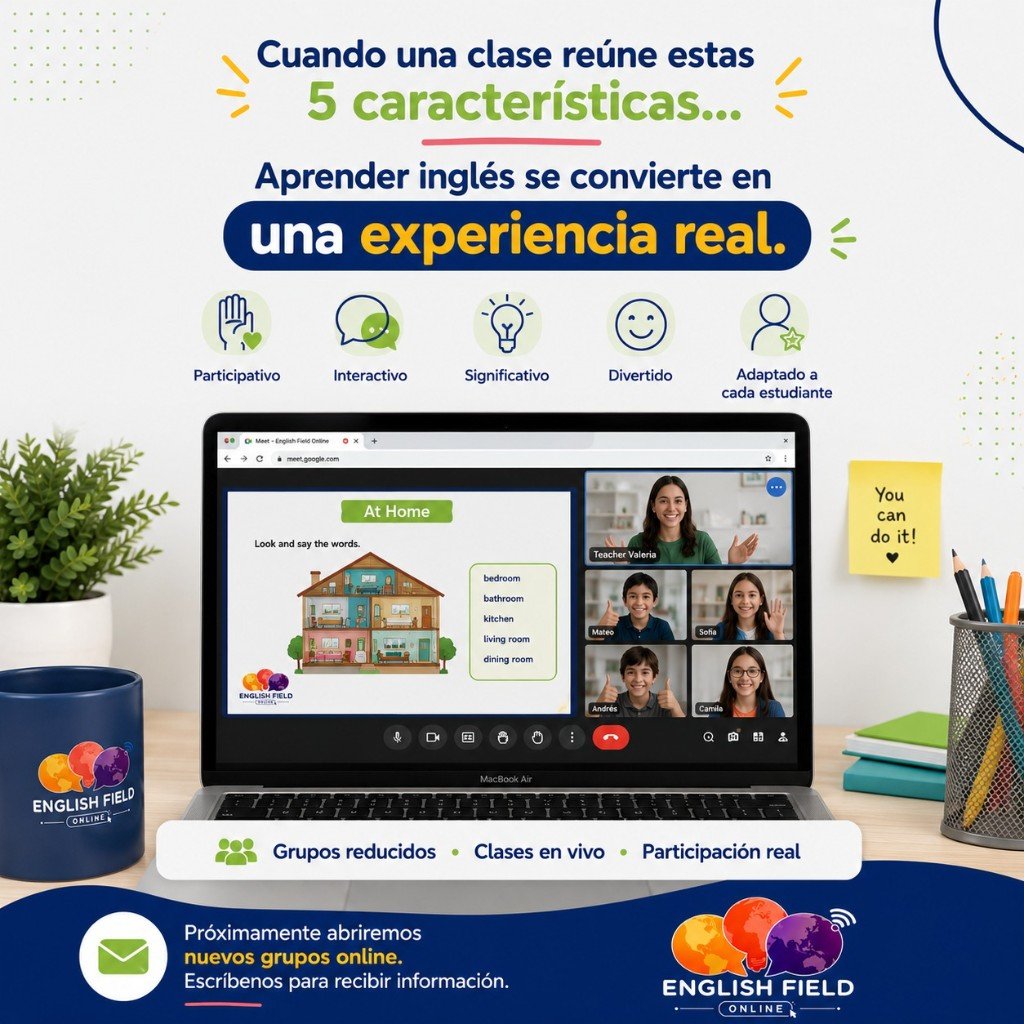 Clase online en Google Meet con estudiantes y docente English Field
